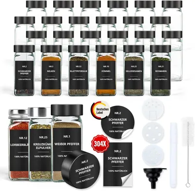 Produktbild von Zimilo 24er Set Gewürzgläser Schwarz, 120ml Glas, Etiketten, Streueinsätze, Wasserdicht, Aufbewahrung für Küche, BPA-frei, Schwarze Abdeckung