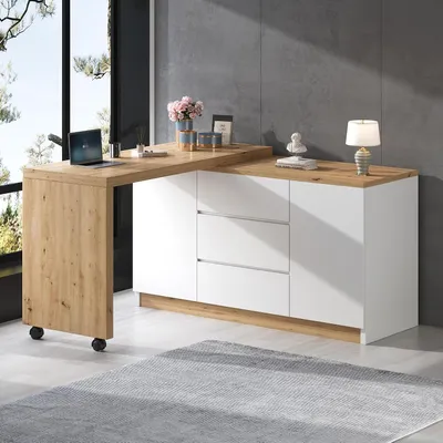 Productafbeelding van Bureau met wielen - Hoekbureau Dressoir - Thuiswerken Opbergen - Flexibel Draaibaar Inklapbaar - 120x50x76.5cm - Wit Eiken