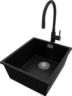 Produktbild von PRIMAGRAN Granitspüle Schwarz 41x47cm, Spülbecken 1 Becken + Küchenarmatur 40x38cm + Ablauf-Set, Küchenspüle ab 45er Unterschrank - London Slim