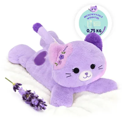 Obrázok produktu pre Vankúšik s ohrevom, plyšová hračka, mačka, 0,75 kg, s vôňou levandule, vhodný na ohrev v mikrovlnnej rúre, fialová, 40 cm
