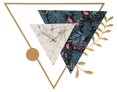 Image de Horloge murale triangulaire en fer et MDF, dimensions 75x4,5x59 cm, design multicolore imitation marbre, modèle Mauro Ferretti