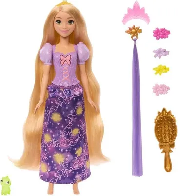 Produktbild von Disney Princess Rapunzel Puppe mit Magischem Haar, Leuchtende Haare, 7 Zubehörteile Inklusive, Pascal Figur