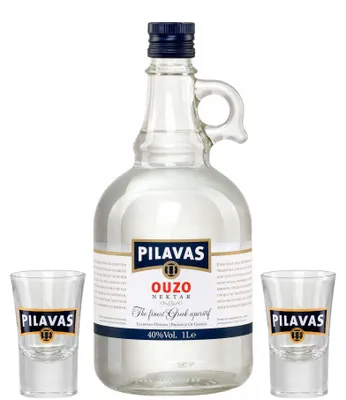 Produktbild von Ouzo Pilavas Nektar | 1,0l Karaffe + 2 Gläser| 40% Vol. | Aus Griechenland |+20ml Jassas Olivenöl