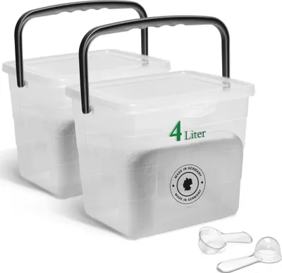 Image de Novaliv 2x boîte à lessive avec couvercle 4 litres Transparent et cuillère doseuse 23,5 x 18 x 18,5 cm Boîte de rangement pour lessive en poudre avec anse Rangement de la lessive Bac à lessive