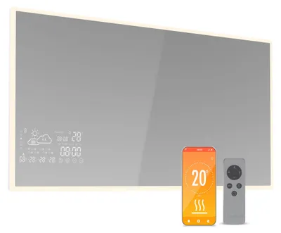 Obrázek produktu pro Infrazářič Blumfeldt 600 W – nástěnný, Smart Mirror s LED displejem, IP44 pro koupelny, ovládání pomocí aplikace, ochrana proti přehřátí, infračervené nástěnné vytápění, 12–15 m²