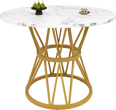 Produktbild von Sweiko Runder Esstisch (100×100×76cm), Küchen-Esstisch, runder Couchtisch für 4 Personen, geeignet für Esszimmer, Wohnzimmer, stilvolle Tischbeine aus Metall, Tischplatte aus MDF-Marmor, Gold