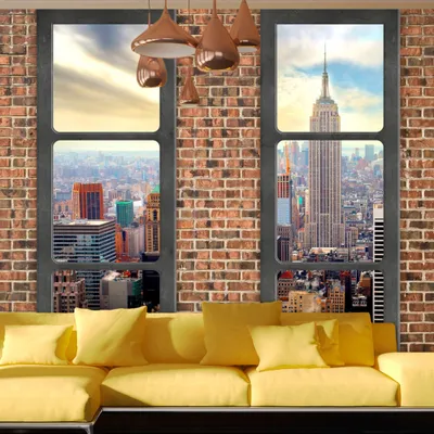 Produktbild von Fototapete selbstklebend Fensterblick 392x280 cm Tapete Wandtapete Wandbilder Klebefolie Dekofolie Tapetenfolie Wand Dekoration Wohnzimmer - Zieggel Abstrakt Stadt c-A-0066-a-c