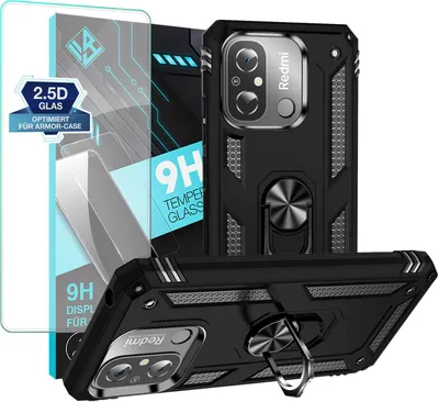 Produktbild von Armor Outdoor Handyhülle für Xiaomi Redmi 12C Handy Panzer Case Schutzhülle mit 9H Displayglas Displayschutz Farbe: Schwarz