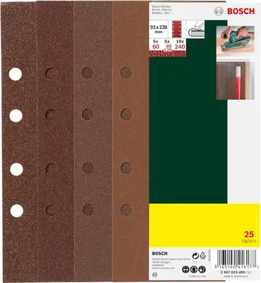 Produktbild von Bosch Schleifblatt Set 25 Stück 93 x 230 mm, 60/80/120/240, 8 Löcher ohne Klett