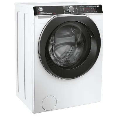 A white Hoover washing machine with a black trim around the door, shown from a three-quarter angle against a white background.
