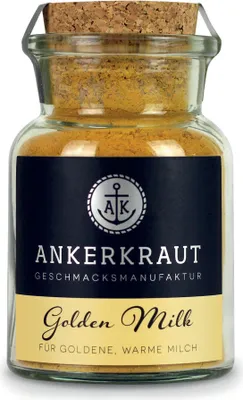 A glass jar filled with golden powder, sealed with a cork and labeled with product information.