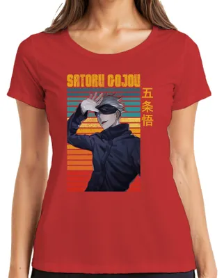 Imagen del producto de Camiseta de manga corta para mujer, estilo retro, con diseño de Satoru Gojo de Jujutsu Kaisen, con antifaz, color rojo, talla S