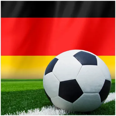 Produktbild von Wallario Premium Glasbild, freischwebende Optik, kräftige Farben, Größe 30 x 30 cm Motiv Fußball vor einer Deutschlandflagge