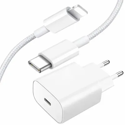 Produktbild von Schnell Ladekabel 2 meter Nylon Kabel mit 25W Ladegerät in weiß USB-C zu 8-Pin für iPhone 11 12 13 14 Plus Pro Max Air