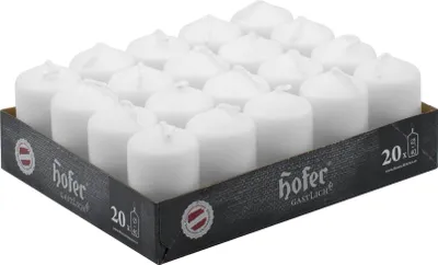 Produktbild von HOFER Stumpenkerzen 20 Stück Weiß – 4x7 cm – Lange Brenndauer: 11h – Tropffrei, Unparfümiert – Deko Kerzen für Tisch, Hochzeit, Feier