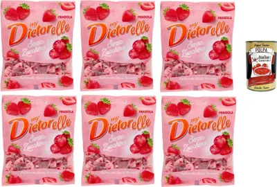 Produktbild von My Dietorelle Caramelle Gommose al Gusto di Fragola, Gummibonbonbons mit dem Erdbeergeschmack, 100% vegan, Zucker ohne glutenfrei, 6x 70 g + Italian Gourmet polpa 400g