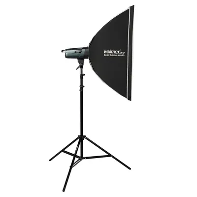 Produktbild von Walimex pro Emerger 400 Set Single Studioblitz mit 400 Ws Blitzleistung, Blitzgerät mit 2,4 GHz Funk, mit Softbox 60 x 90 cm und Lampenstativ, inkl. Transporttasche