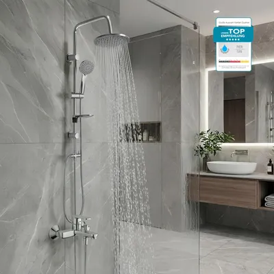 Produktbild von HANSGROHE Wannenarmatur Vernis Blend, Duschsystem mit Wannenmischer und BELVIT Handbrause oder Regendusche, Aufputz, Einhebel-Wannenarmatur im Chrom