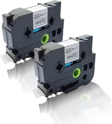 Two black label maker cartridges with white labels are shown on a white background.