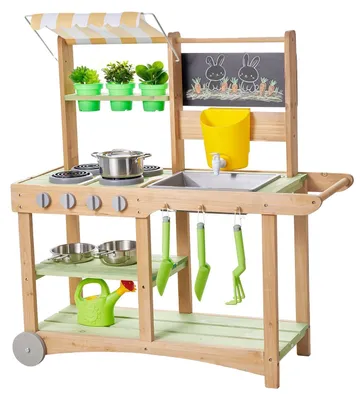 Produktbild von VEVOR Matschküche, Outdoor-Matschküche für Kinder, Holzspielküchen für den Außenbereich mit Löffeln, Spüle, Sonnenschutz, drehbaren Rädern, Kochgeschirr und Zubehör, Holzspielküchen für Zuhause, Rasen, 31,5 Zoll, Kein Stauraum-Schrank