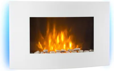 A white electric fireplace with a realistic LED flame effect and decorative stones at the base.