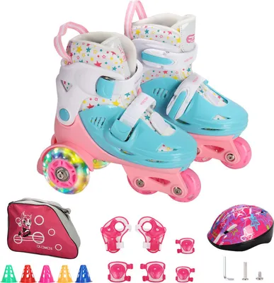 Image de (Rose, M (30-33)) Patins à roulettes pour enfants avec roues LED éclairées pour enfants, patins à roulettes, chaussures pour Inclus un set de 6 protections pour 5-8 ans