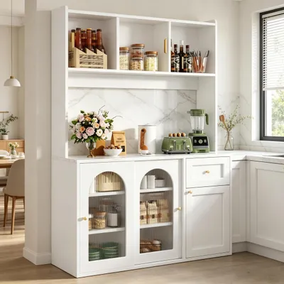 Produktbild von STILVORA Küchenschrank Hochschrank mit LED-Beleuchtung und verstellbaren Ablagen, Vitrinenschrank mit Stauraum für Esszimmer, Buffetschrank Weiß