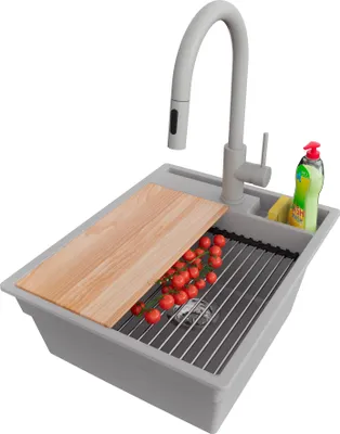 Produktbild von PRIMAGRAN Granitspüle Grau 43x53cm, Spülbecken 1 Becken + Küchenarmatur 40x20cm + Ablauf-Set + Küchenzubehörset, Küchenspüle ab 45er Unterschrank - Oslo Pocket