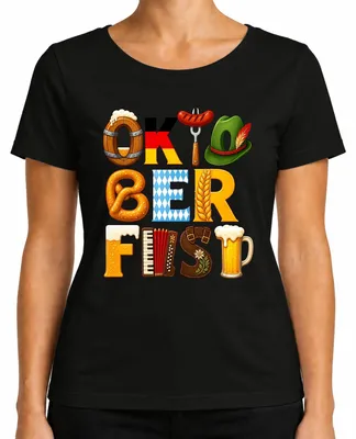 Productafbeelding van , bier, Beieren, pretzel, lederhosen, traditioneel shirt, dirndl, mout, dames T-shirt, zwart, maat L