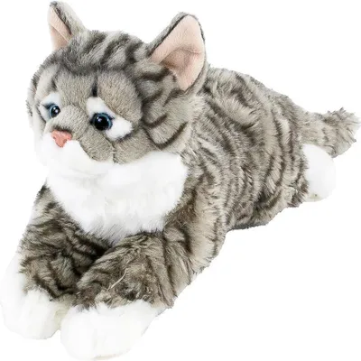 A plush cat toy lying down on a white background.