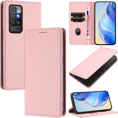 Produktbild von Litchi Leder Handyhülle für Xiaomi Redmi 10 Wallet Kartenfächer Standfunktion Hülle Pink