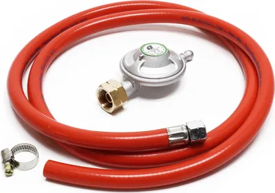 Image de Wiltec Kit Raccordement de gaz – avec Tuyau 1,5 m et Pressostat 28 mbar – pour Pression constante des Bouteilles de type italien – Réducteur détendeur régulateur