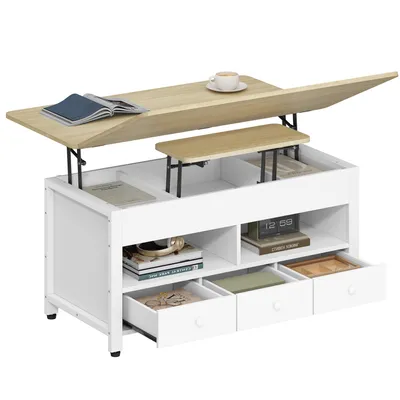 Produktbild von Couchtisch Höhenverstellbar, Umwandelbar in Esstisch, Eichefarben Wohnzimmertisch Kaffeetisch Fach mit 3 Schubladen und 2 Fächer, 50 × 100 × 45 cm