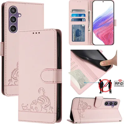 Produktbild von Leder Hülle für Samsung Galaxy S23 FE Süße Katze Flip Case Brieftasche Schutzhülle mit Standfunktion Pink