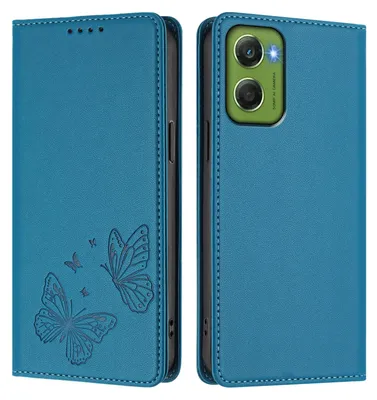 Produktbild von Lederhülle für Motorola Moto G06, Schmetterling Prägung Leder Brieftasche Schutzhülle mit Ständer Blau