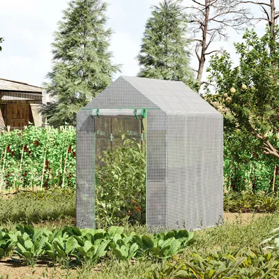 Produktbild von Tomatenhaus Frühbeet PE-Netzgewebe Stahlrahmen, Foliengewächshaus begehbar mit 4 Regalebenen, Weiß-Grün | 6,5 kg | Reißverschlusstür | 120x186x190 cm