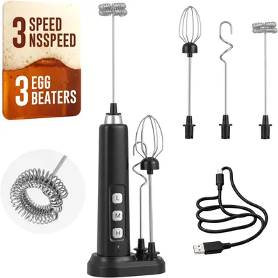 Produktbild von Milchaufschäumer Stab mit wiederaufladbarem und 3 Edelstahl-Schneebesen, 3 Geschwindigkeiten Hand Milchschäumer für Kaffee, Latte, Cappuccino, Matcha