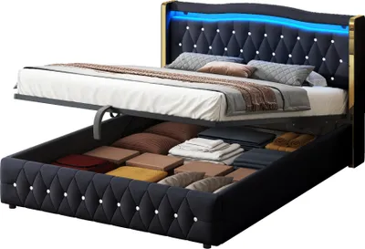 Immagine prodotto di okwish letto boxspring letto imbottito 140 x 200 cm con illuminazione LED, letto idraulico con contenitore (senza materasso) - nero