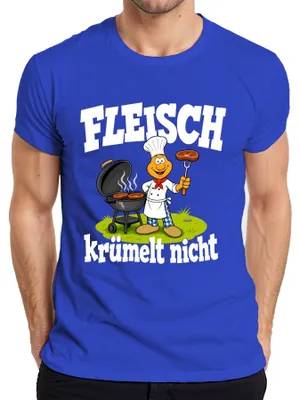 Productafbeelding van Vlees kruimelt niet, grillmeester, barbecue, statement, sarcasme, heren T-shirt, blauw, maat S