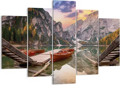 Produktbild von Bild auf Leinwand - Leinwandbild - 5 Teile - Boote Berge See - 150x100cm - Wand Bild - Wanddeko - Wandbilder - Leinwanddruck - Bilder - Wanddekoration - Leinwand bilder - Wandbild - EA150x100-4638