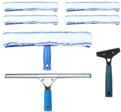 Immagine prodotto di Set professionale 2-in-1 per la pulizia dei vetri Unyqoos®: acciaio inossidabile, panno in microfibra lavabile e guarnizione in gomma, tergitrice, raschietto per vetri, spazzola a T + 4 panni di ricambio