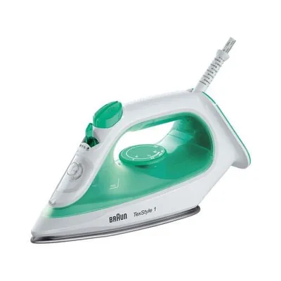 A white and green Braun steam iron is shown against a white background.