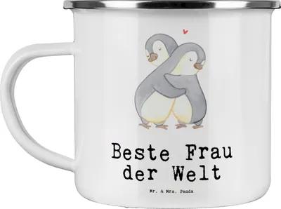 Produktbild von Mr. & Mrs. Panda Teebecher Pinguin Beste Frau der Welt - Weiß - Geschenk, Blechtasse, Braut, Freundin, Lebensgefährtin, Ehefrau, becher emaille, Tasse, Pott, Teetasse