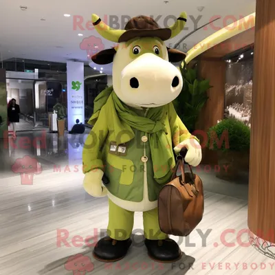 Produktbild von Maskottchen REDBROKOLY einer olivfarbenen Kuh mit Overall und Handtasche