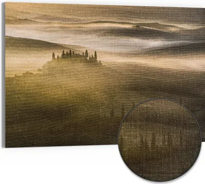Produktbild von DEQORI Hybrid Leinwand Bild 90x60 cm 'Morgenlicht der Toskana' Wandbild Glas flach modern