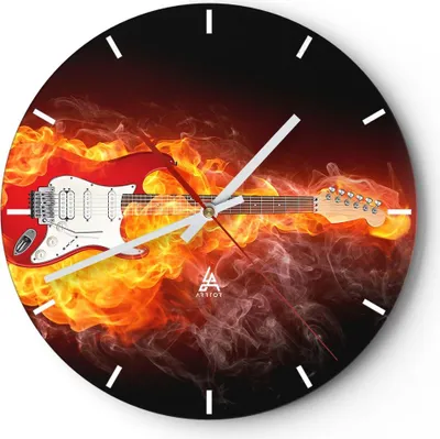 Produktbild von Wanduhr - Rund - Glasuhr - Flammen Gitarre Instrument - 40x40cm - Schleichendes Uhrwerk - Lautlos - zum Aufhängen bereit - Dekoration Modern - Wanddekoration aus Glas - C3AR40x40-0196