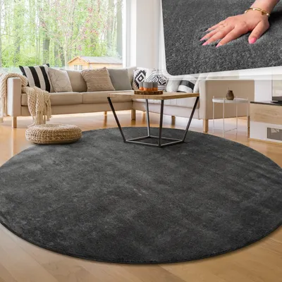 Produktbild von Moderner Wohnzimmer Teppich Kurzflor Waschbar Weich Einfarbig Felloptik Anti-Rutsch Grösse 160 cm Rund