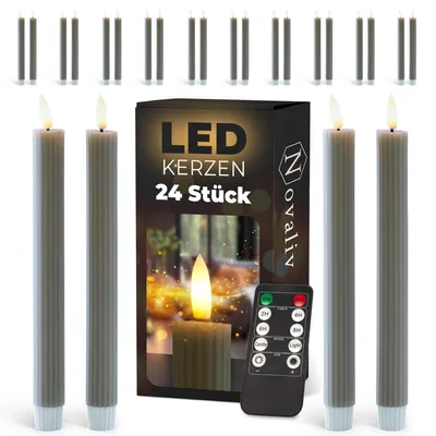 Produktbild von LED Stabkerzen 12 Stück ECHTWACHS gerippt TAUPE GRAU mit Timer Funktion 6 Stunden 23cm Höhe für Kerzen 2,2cm Durchmesser 2 AAA Batterien notwendig LED Stabkerzen 2er Set 6x bewegliche Flamme