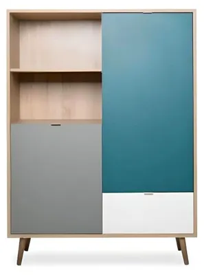 Produktbild von Highboard Cuba Eiche Sonoma hell mit Petrol, Weiß und Grau Tricolor Sideboard Skandinavisch 103 x 139 cm