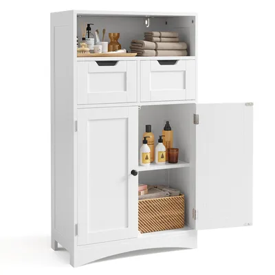 A white bathroom cabinet with two doors and two drawers, displaying toiletries and towels.